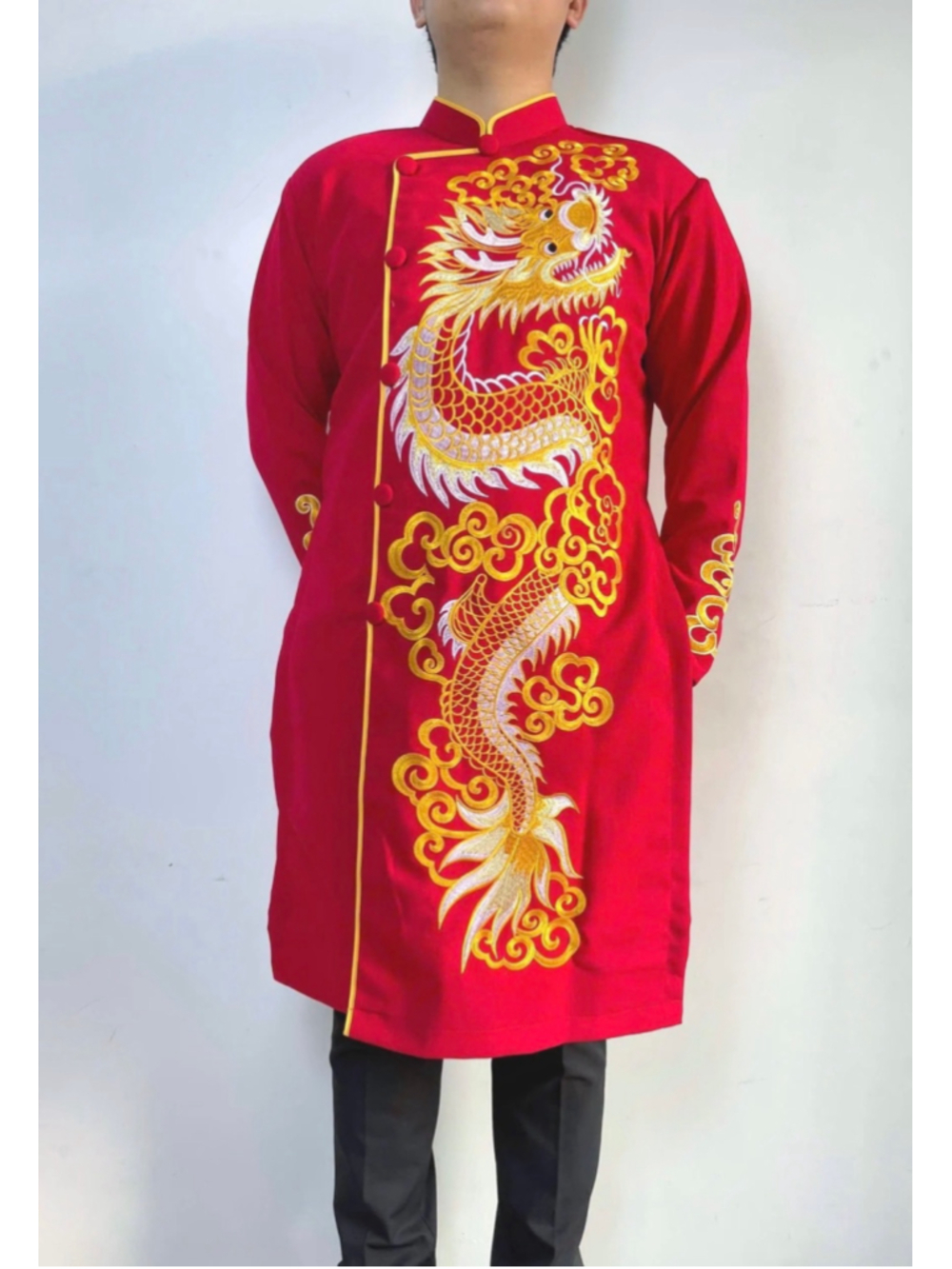 Red Ao Dai traditional Vietnamiese robe dress dragon hand painted mock neck 12